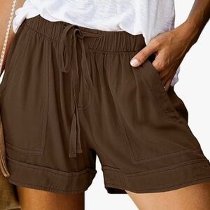 New Women’s Shorts Drawstring Relaxed Lightweight Pockets Rolled Hems Brown Sm